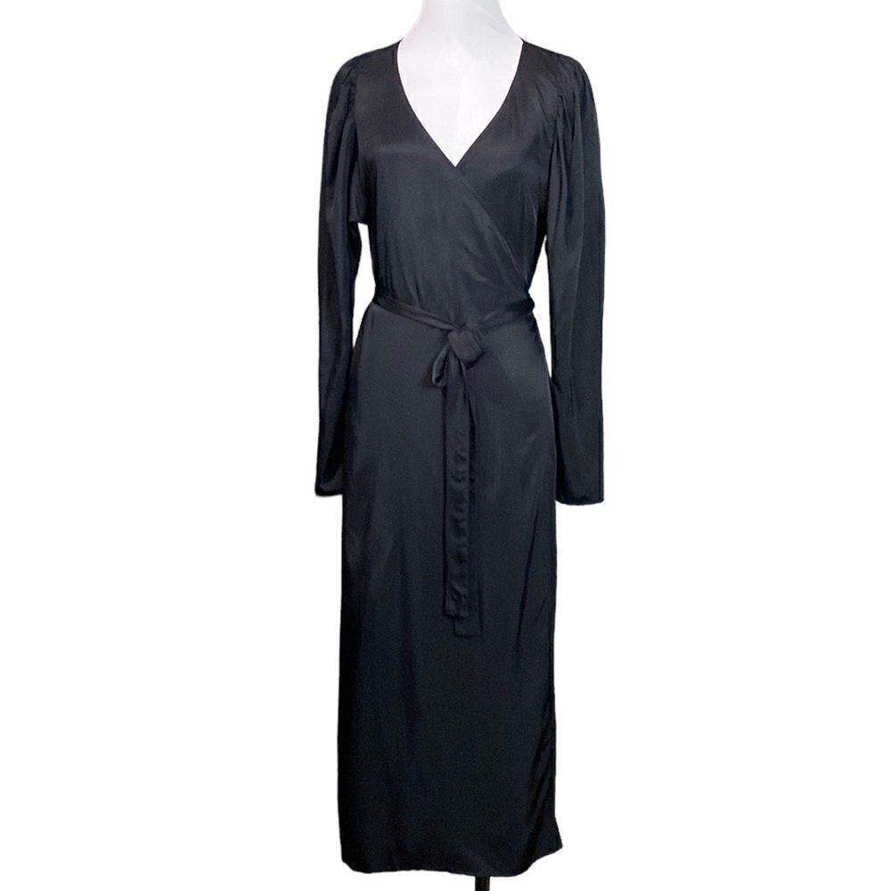 Stockholm Atelier & Other Stories Black Satin Wrap Midi Dress Long Sleeve